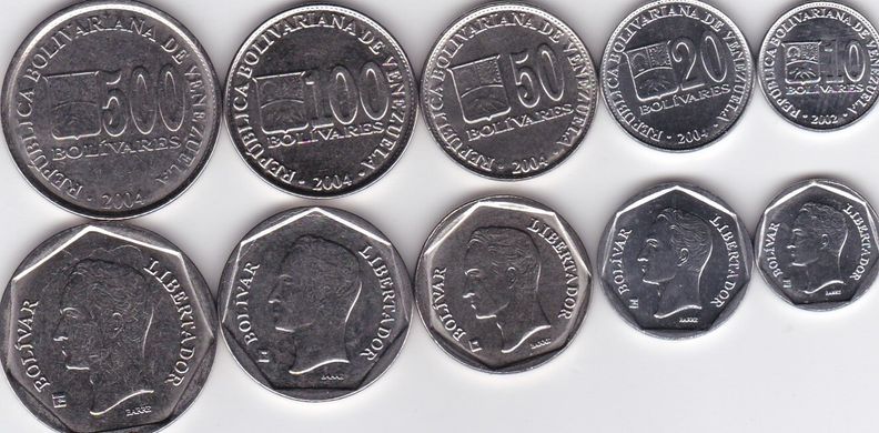 Венесуэла - набор 5 монет 10 20 50 100 500 Bolivares 2002 - 2004 - UNC