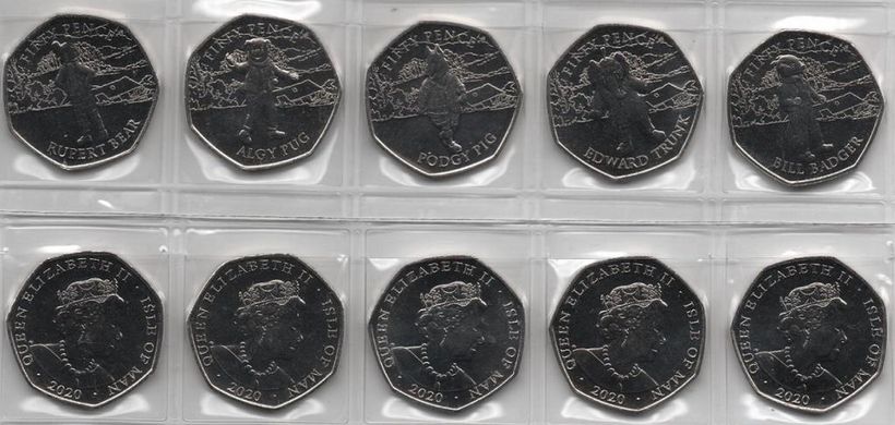 Острів Мен - набір 6 монет x 50 Pence 2020 - 100 років Ведмедю Руперту - UNC