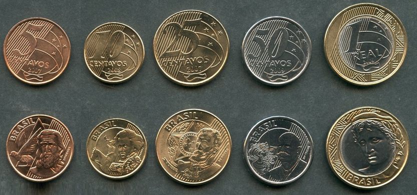 Brazil - set 5 coins - 5 10 25 50 Centavos 1 Real 2007 - 2009 - UNC