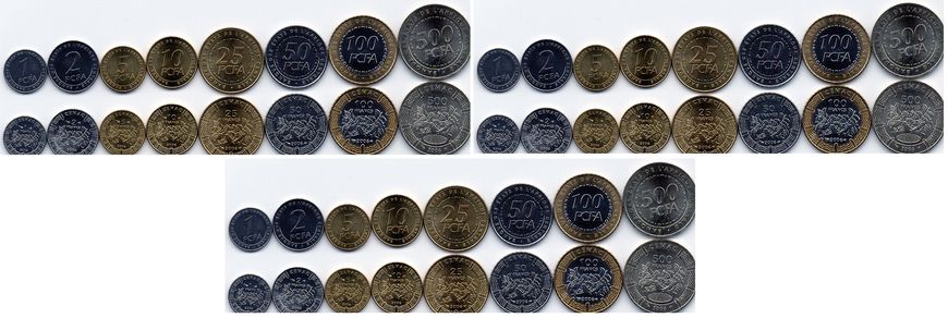 Central African St. - 3 pcs x set 8 coins - 1 2 5 10 25 50 100 500 FCFA Francs 2006 - UNC