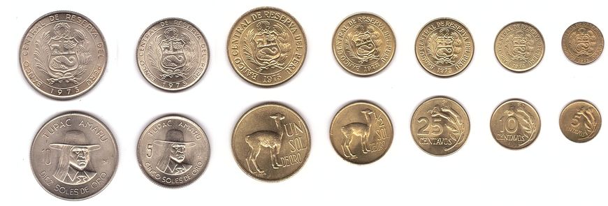 Перу - набор 7 монет 5 10 25 Centavos 1/2 1 5 10 Soles 1973 - 1975 - aUNC / UNC