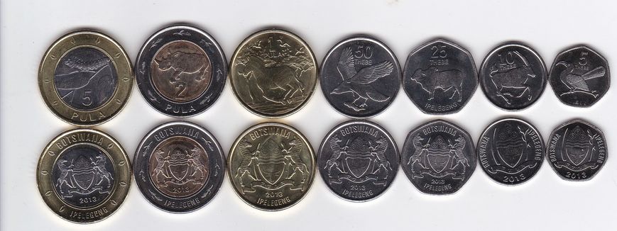 Ботсвана - 5 шт х набор 7 монет - 5 10 25 50 Thebe 1 2 5 Pula 2013 - UNC