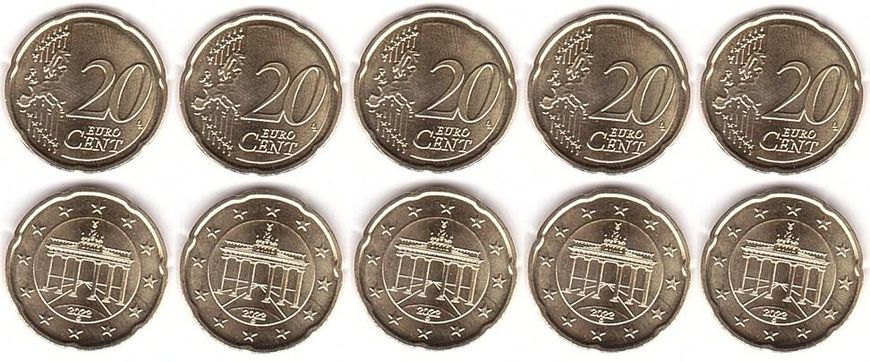 Німеччина - 5 шт х 20 Cent 2022 - G - UNC