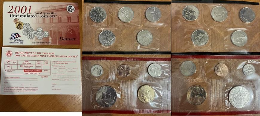 США - набір 10 монет 1 Cent 5 Cents 1 Dime 50 (1/2) Cents 1 Dollar + 25 Cents ( 5 шт ) 2001 - D - Denver - Red - UNC