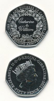 Gibraltar - 50 Pence 2021 - 10 years since the wedding of the Duke and Duchess of Cambridge - UNC