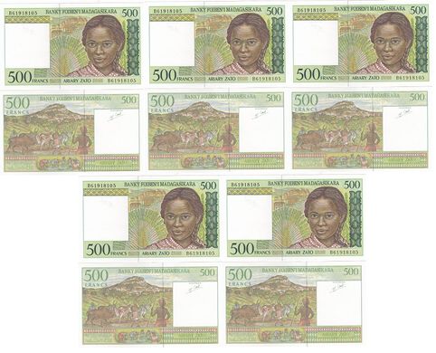 Madagascar - 5 pcs x 500 Francs 1998 - Pick 75b - aUNC / XF / pinholes