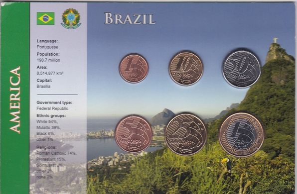 Бразилія - ​​набір 6 монет - 1 5 10 25 50 Cent 1 Real 2004 - 2009 - у картоні - UNC