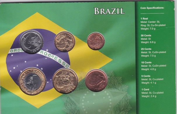 Brazil - set 6 coins - 1 5 10 25 50 Cent 1 Real 2004 - 2009 - in cardboard - UNC