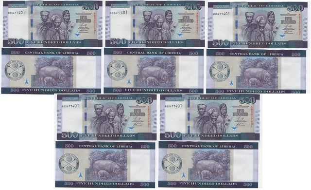 Liberia - 5 pcs x 500 Dollars 2020 - UNC