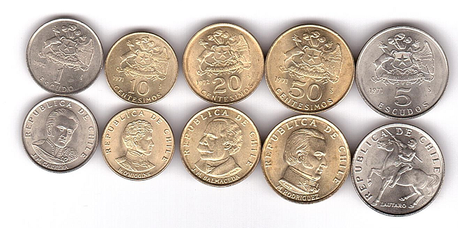Chile - #2 - set 5 coins - 10 20 50 Centesimos 1 5 Escudos 1971 - 1972 - UNC