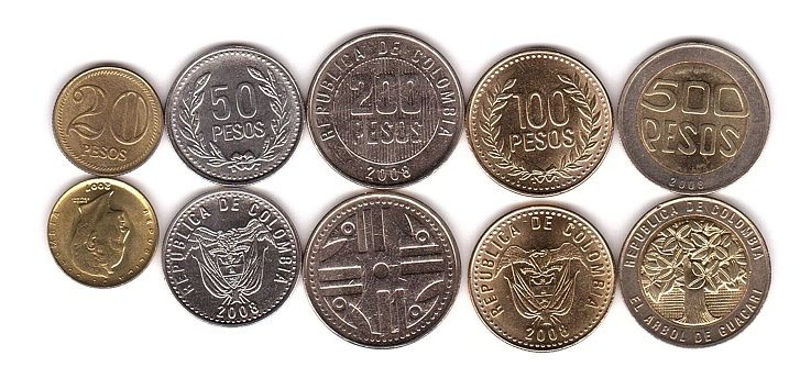 Колумбія - 5 шт х набір 5 монет 20 50 100,200 500 Pesos 1994 - 2010 - UNC