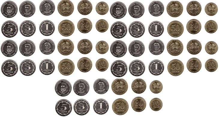 Таджикистан - 5 шт х набір 6 монет 10 20 50 Diram 1 3 5 Somoni 2020 - UNC