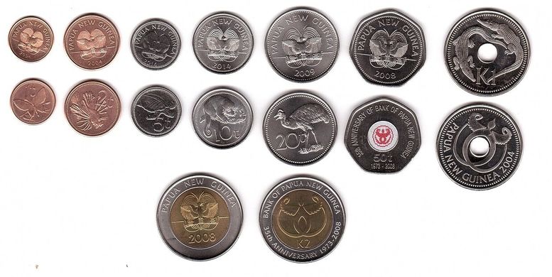 Папуа - Новая Гвинея - набор 8 монет 1 2 5 10 20 50 Toea colored, 1 2 Kina 2001 - 2014 - UNC
