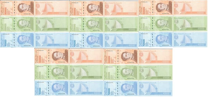 Venezuela - 5 pcs x set 3 banknotes 10000 20000 50000 Bolivares 2019 ( 2020 ) - Security thread - UNC