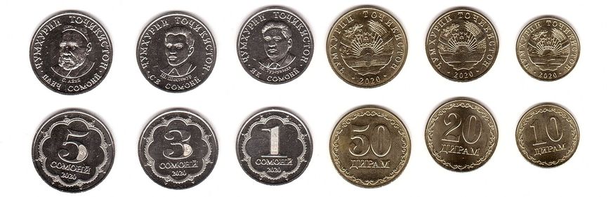 Таджикистан - 5 шт х набор 6 монет 10 20 50 Diram 1 3 5 Somoni 2020 - UNC