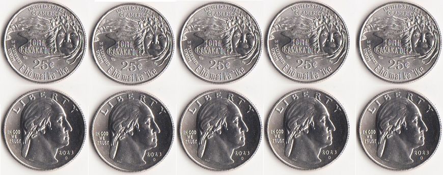 USA - 5 pcs x 1/4 ( Quarter ) Dollar ( 25 Cents ) 2023 - D - Edith Kanaka'ole - American women - UNC