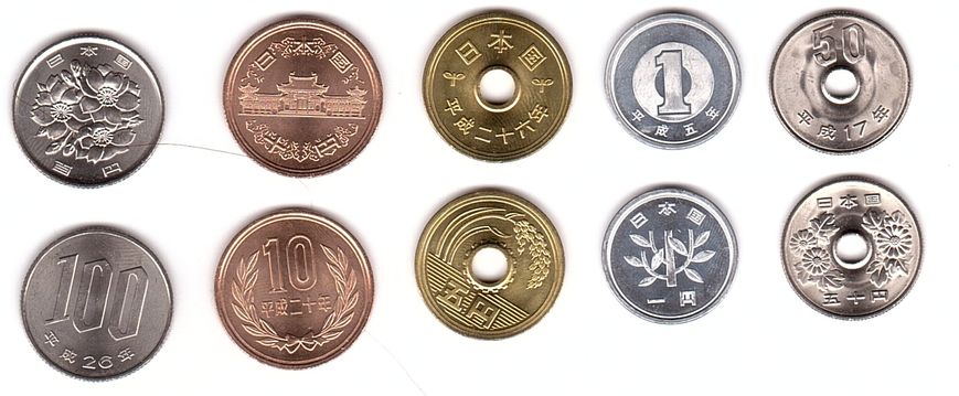Япония - набор 5 монет 1 5 10 50 100 Yen 1990 - 2010 - UNC