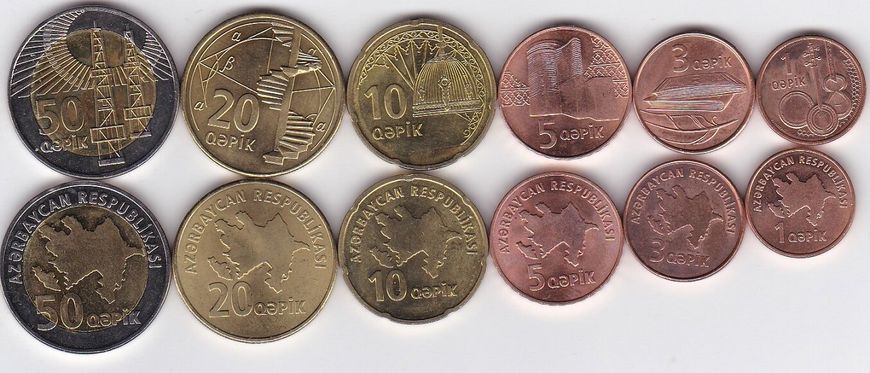 Азербайджан - набор 6 монет - 1 3 5 10 20 50 Qapik 2006 - aUNC / UNC
