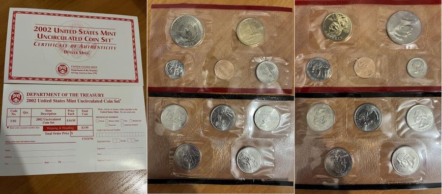 США - набор 10 монет 1 Cent 5 Cents 1 Dime 50 (1/2) Cents 1 Dollar + 25 Cents ( 5 шт ) 2002 - D - Denver - Red - UNC