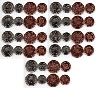 Фолклендские острова / Фолкленды - 5 шт х набор 4 монет 1 2 5 10 Pence 1998 - 2011 - aUNC / UNC