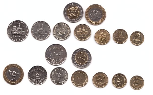 Іран - набір 9 монет 5 (1997) 10 (1996) 50 100 250 (2003) 50 100 500 (2004) 250 (2005) Rial 1997 - 2005 - UNC