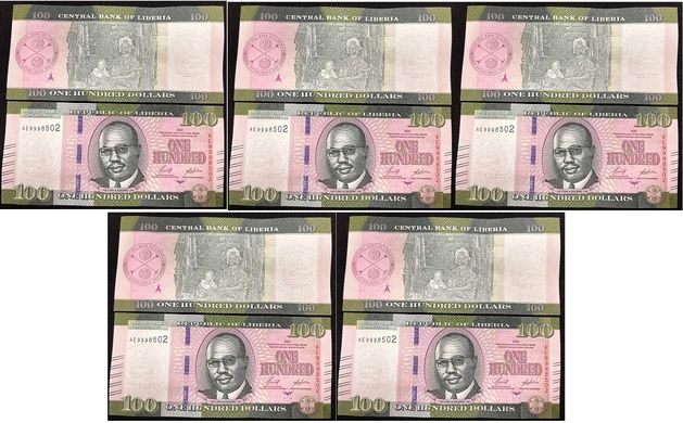 Ліберія - 5 шт. X 100 Dollars 2021 - UNC