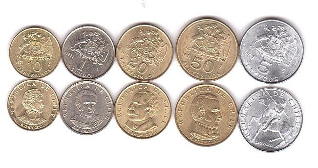 Chile - #1 - set 5 coins - 10 20 50 Centesimos 1 5 Escudos 1971 - 1972 - UNC
