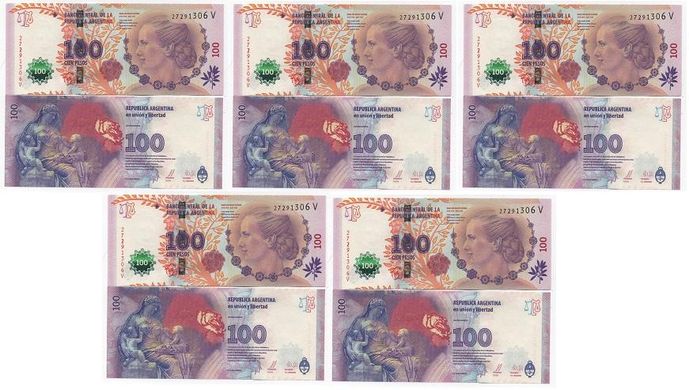 Аргентина - 5 шт х 100 Pesos 2012 - P. 358b(3) - UNC