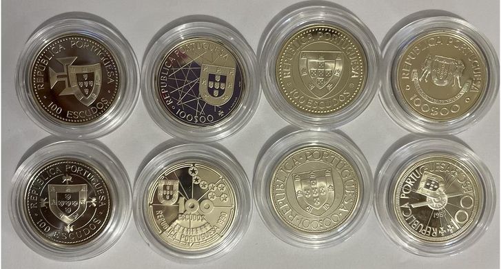 Portugal - set 8 coins x 100 Escudos 1987 - 1990 - Ships - silver Ag. 925 in capsule - UNC