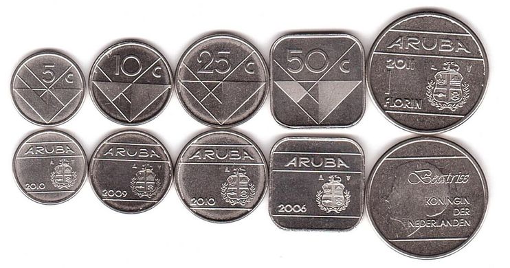 Aruba - 5 pcs x set 5 coins 5 10 25 50 Cent 1 Florin 2006 - 2011 - UNC