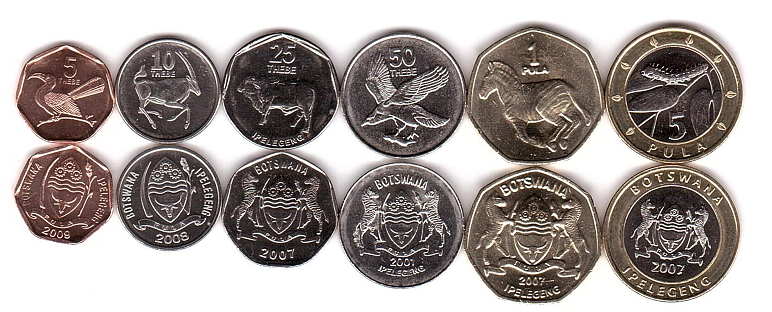 Botswana - 5 pcs x set 6 coins - 5 10 25 50 Thebe 1 5 Pula 2001 - 2009 - UNC