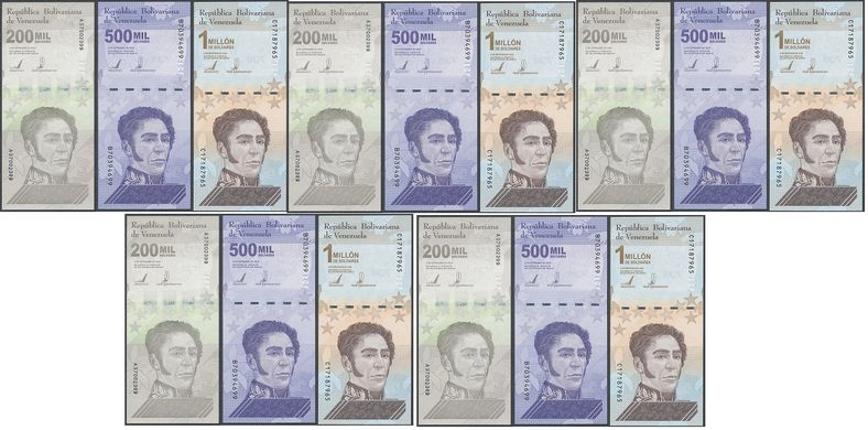 Venezuela - 5 pcs x set 3 banknotes 200000 500000 1000000 Soberanos 2020 ( 2021 ) - UNC