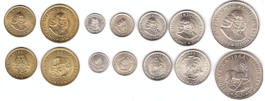 South Africa - set 7 coins 1/2, 1, 2 1/2, 5 10 20 50 Cents ( 5 x silver ) 1961 - 1964 - UNC