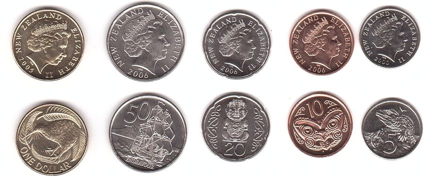 New Zealand - set 5 coins 5 10 20 50 Cents 1 Dollar 2000 - 2006 - UNC