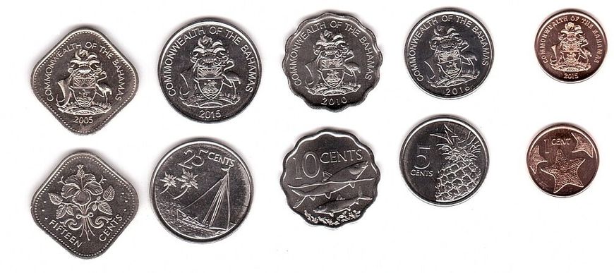 Bahamas - set 5 coins 1 5 10 15 25 Cents 2005 - 2016 - UNC