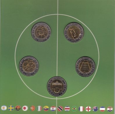 Германия - набор 5 монет x 2 E 2006 + жетон - ПРОБА - футбол - в буклете - UNC