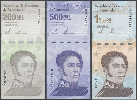 Венесуела - набір 3 банкноти 200000 500000 1000000 Soberanos 2020 ( 2021 ) - UNC