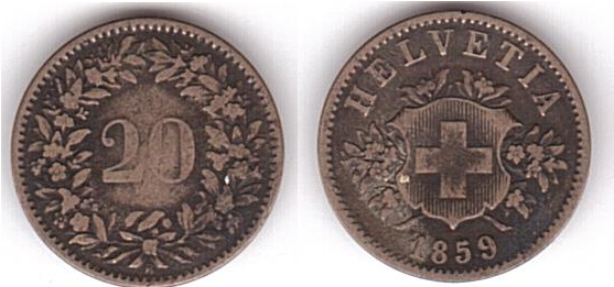 Швейцария - 20 Rappen 1859 - Fine