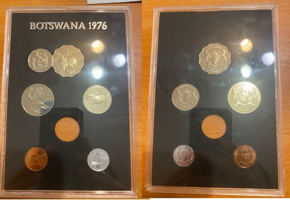 Ботсвана - набор 6 монет - 1 5 10 25 50 Thebe + 1 Pula 1976 - в футляре - Proof