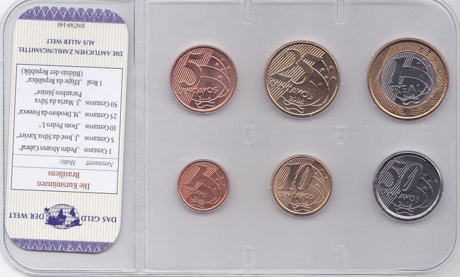 Бразилия - набор 6 монет - 1 5 10 25 50 Cent 1 Real 2004 - 2009 - в блистере - UNC