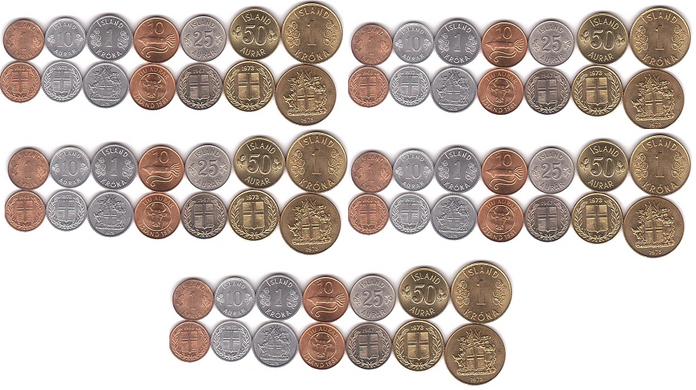 Ісландія - 5 шт х набір 7 монет 1 10 10 25 25 Aurar 1 1 Krona 1965 - 1981 - aUNC / XF