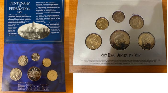 Австралия - Mint набор 6 монет 5 10 20 50 Cents 1 2 Dollars 2001 - in folder - UNC