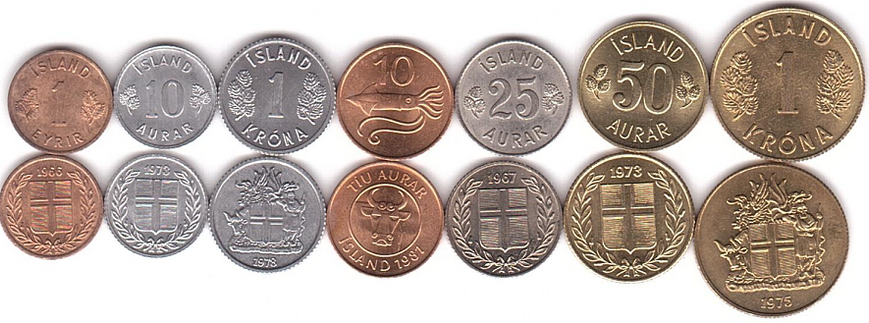 Iceland - 5 pcs x set 7 coins 1 10 10 25 50 Aurar 1 1 Krona 1965 - 1981 - aUNC / XF