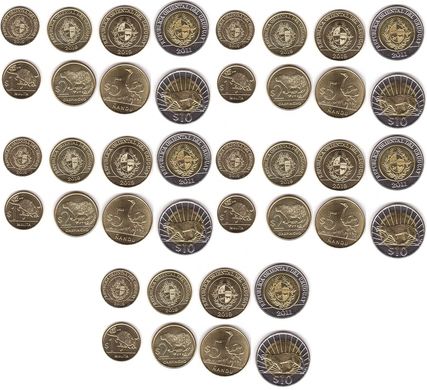 Уругвай - 5 шт х набір 4 монети 1 2 5 10 Pesos 2011 - 2019 - aUNC / XF+