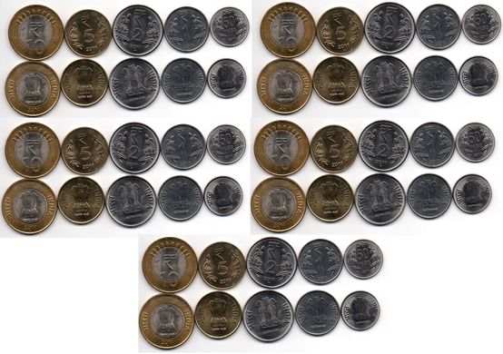 Индия - 5 шт х набор 5 монет 50 Paise 1 2 5 10 Rupees 2011 - aUNC