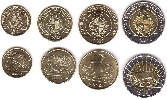 Уругвай - 5 шт х набор 4 монеты 1 2 5 10 Pesos 2011 - 2019 - aUNC / XF+