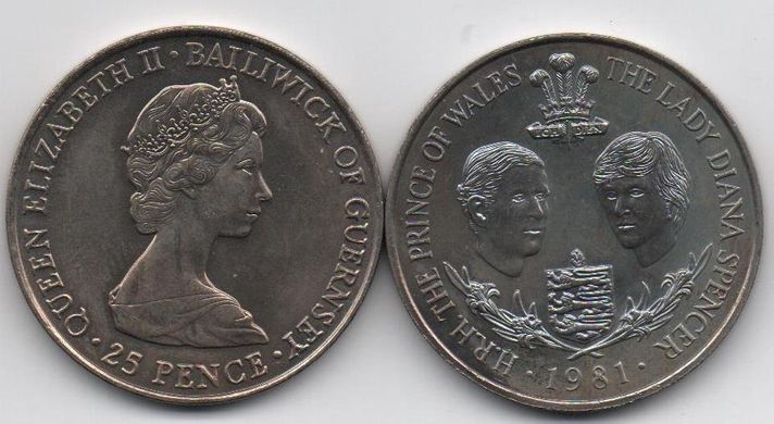 Guernsey - 25 Pence 1981 - The wedding of Prince Charles and Lady Diana - XF