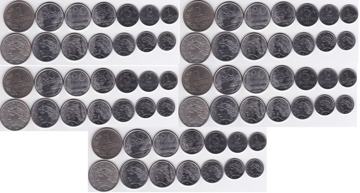 Brazil - 5 pcs x set 7 coins - 1 2 5 10 20 50 Ct 1 Cruzeiro 1969 - 1978 - UNC