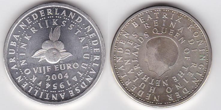 Netherlands - 5 Euro 2004 - 50 years of internal autonomy - silver comm. - aUNC-