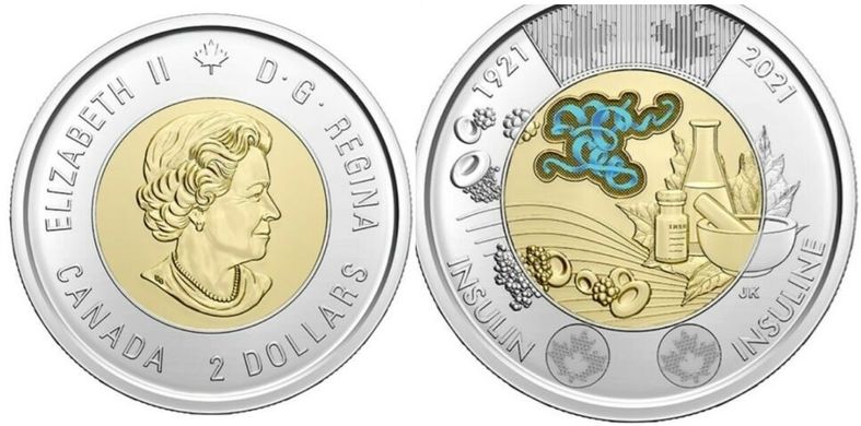 Канада - 2 Dollars 2021 - 100 лет открытия Инсулина - цветная - UNC